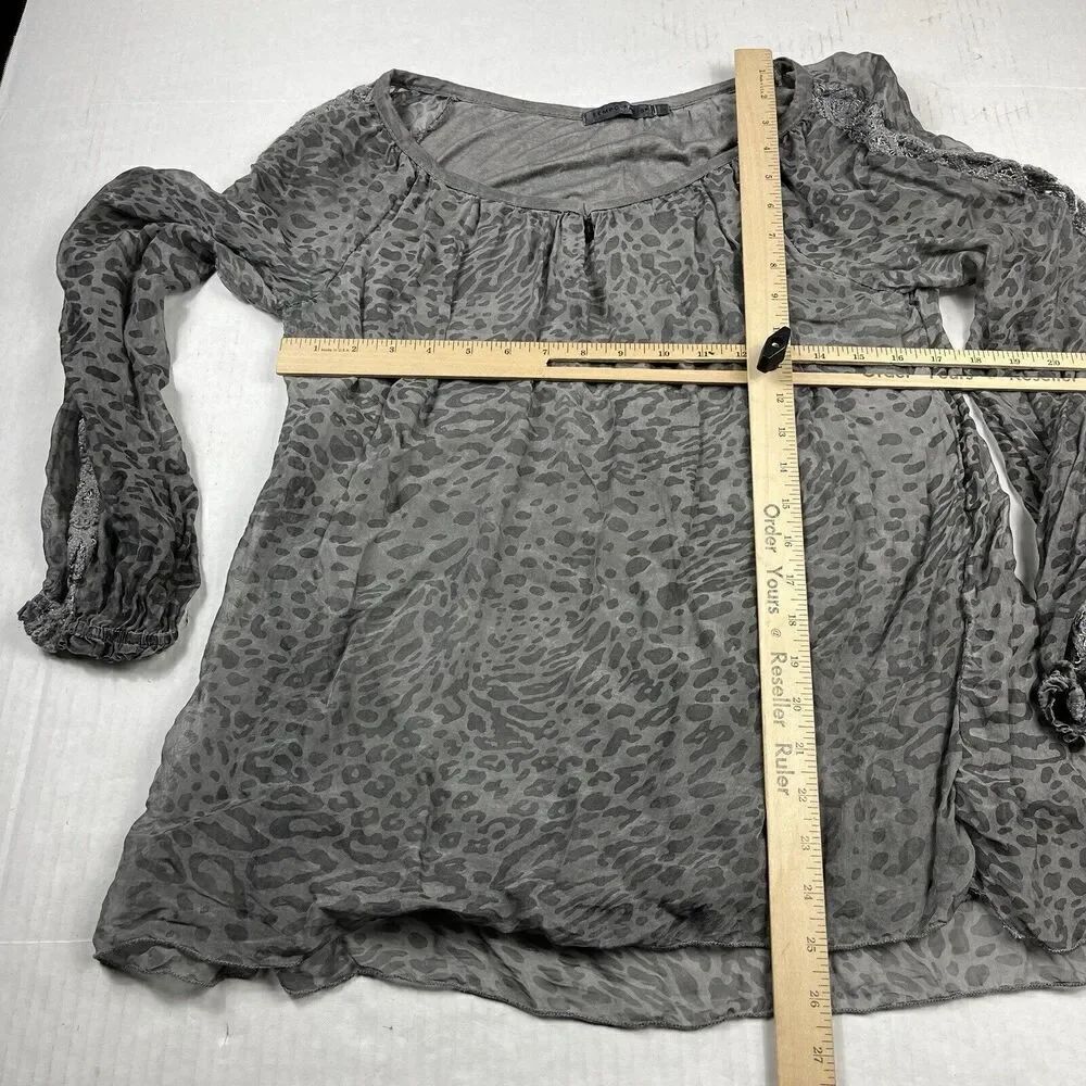 Tempo Paris Womens Silk Blend Peasant Blouse Gray Print Long Sleeve Top LARGE - Picture 4 of 11